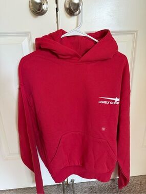 LONELY GHOST Red Pullover Hoodie with White Logo